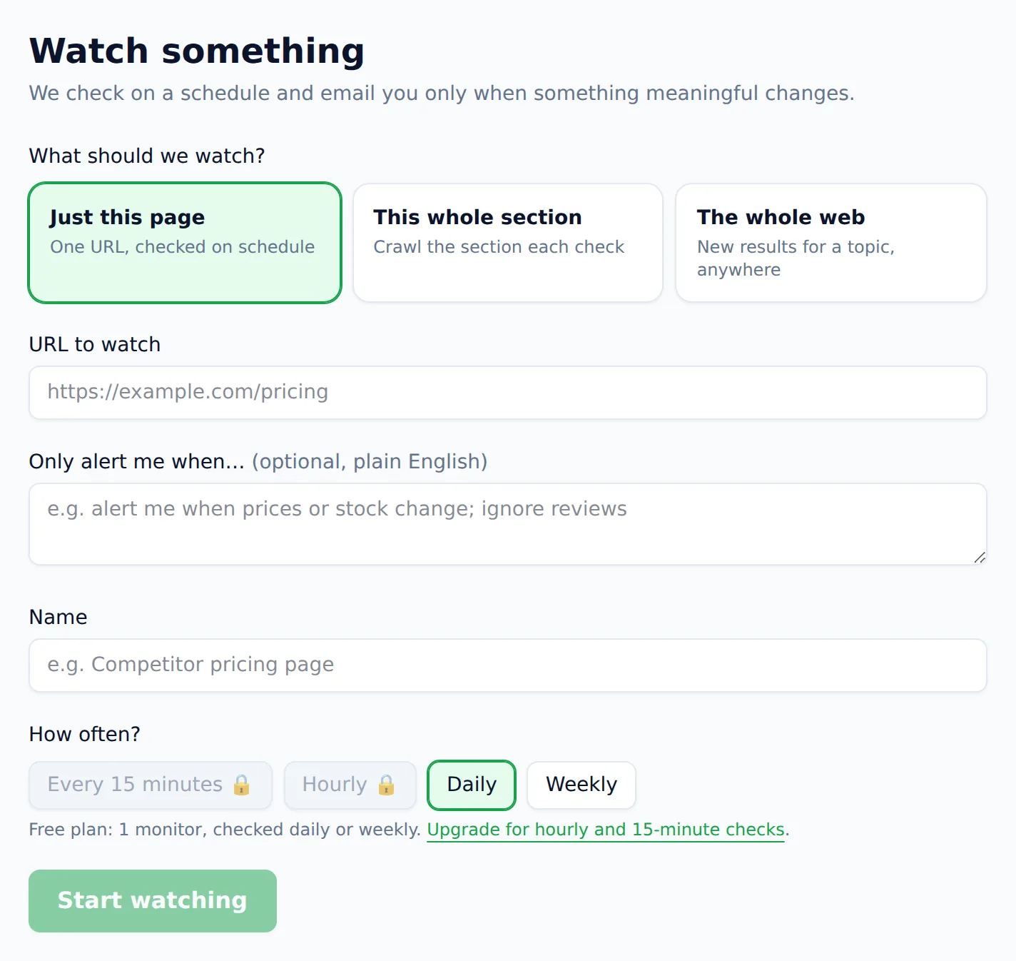 Website Scraper new-monitor form with page, section, and web watch options, a plain-English alert rule field, and schedule choices