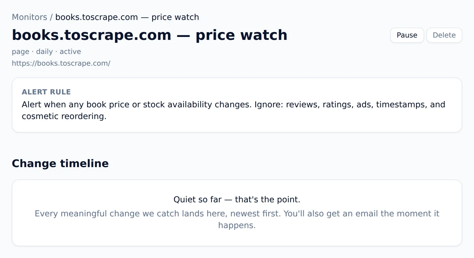 Website Scraper monitor page showing the plain-English alert rule and an empty change timeline