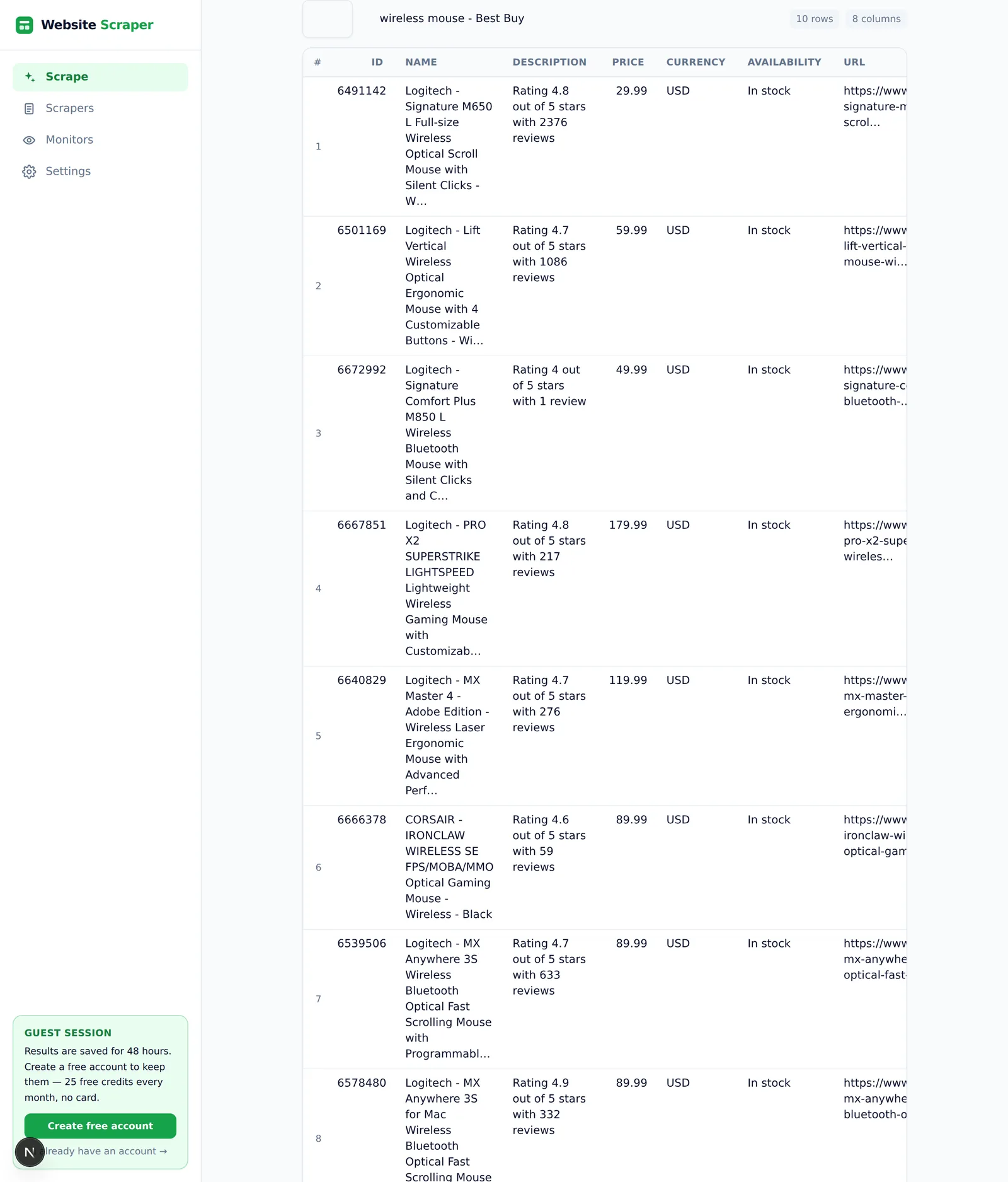 Website Scraper result: 10 real Best Buy wireless-mouse products with names, prices, ratings, and stock in a table, with CSV/JSON/XLSX export buttons and a Watch this page button