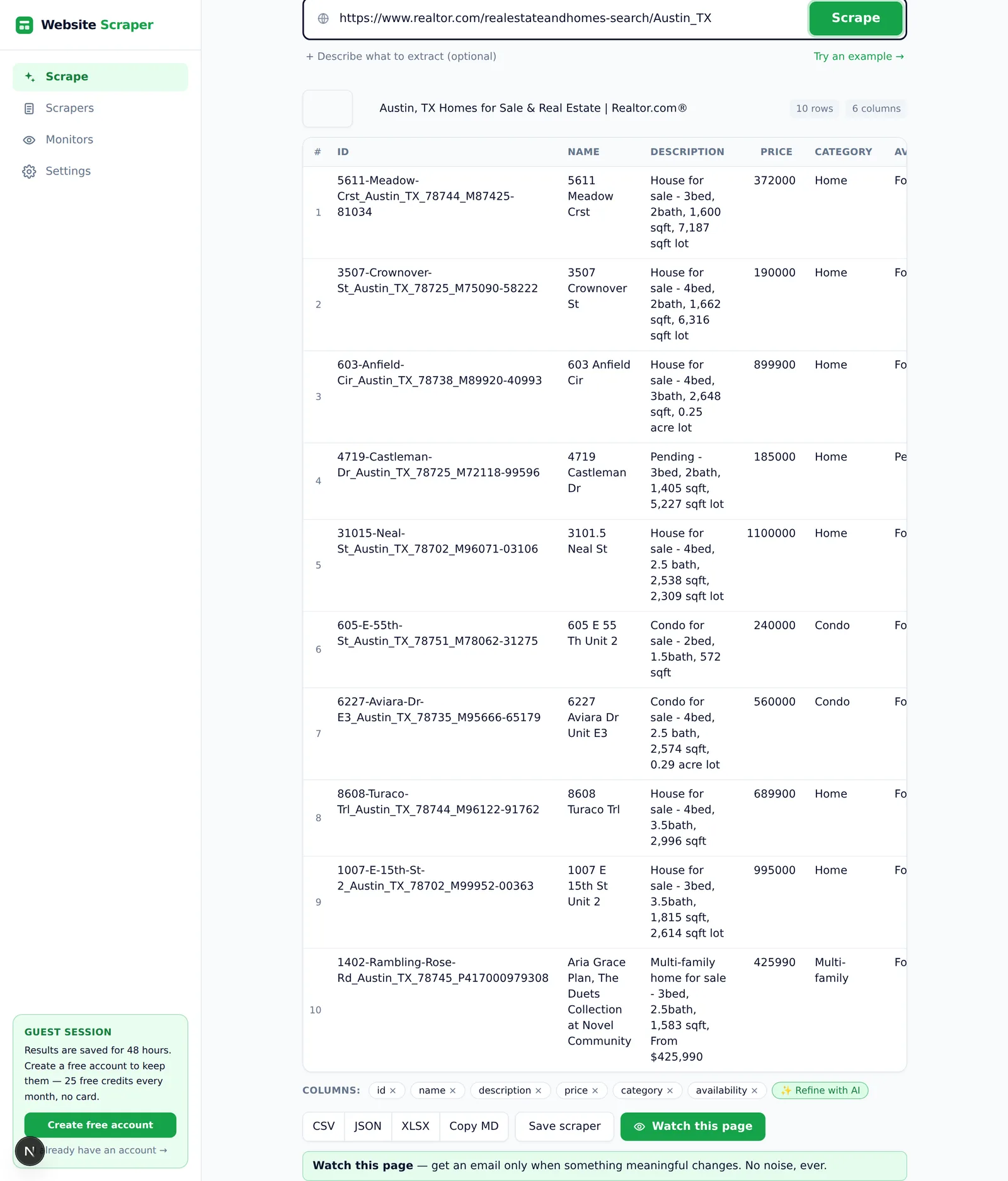 Website Scraper result: 10 real Austin, TX property listings with address, bed/bath/sqft description, price, and type in a table, with CSV/JSON/XLSX export buttons and a Watch this page button